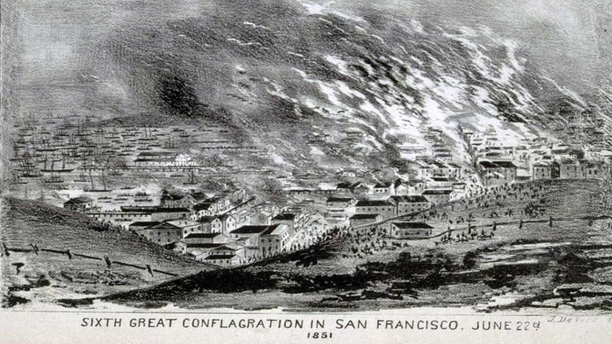 Justh, Quirot & Co. lithograph of the San Francisco Fire of June 22, 1851. It was the sixth “Great Conflagration” since Christmas 1849.