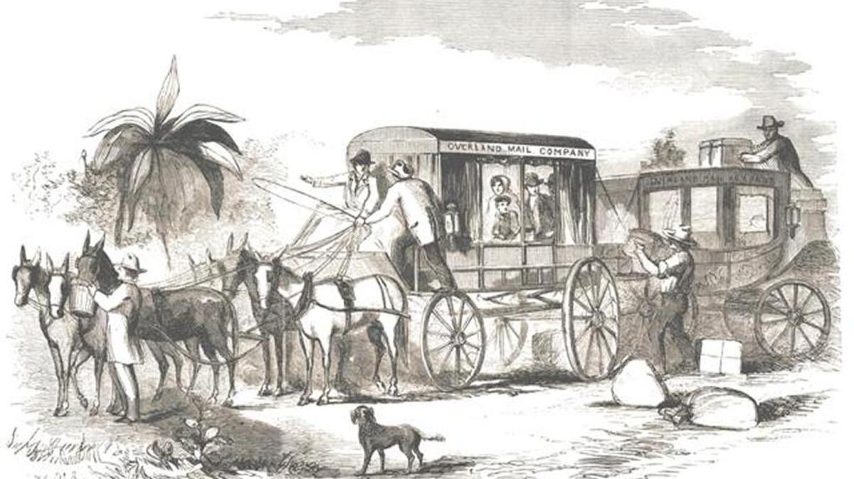 The Butterfield Overland Mail Co. celerity wagon transferring mail to more comfortable local stages. From Frank Leslie’s Illustrated Newspaper, Oct. 23, 1858.