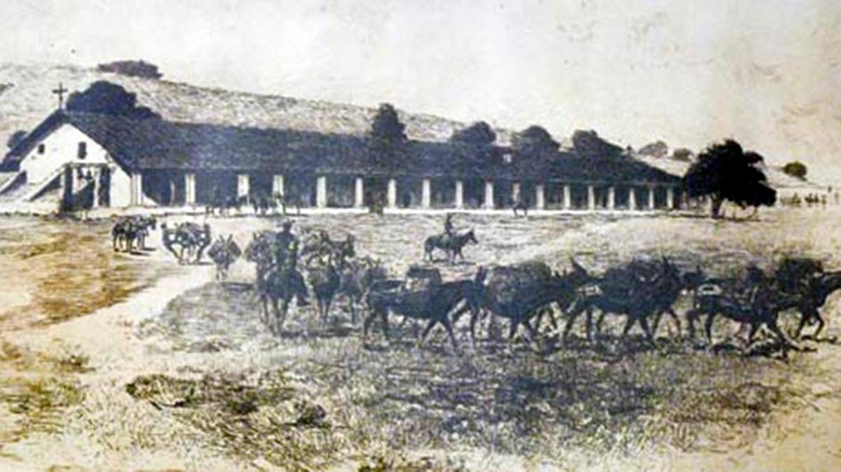 John Edward Borien drew this picture of Mission Purísima after the Chumash Rebellion in 1824.