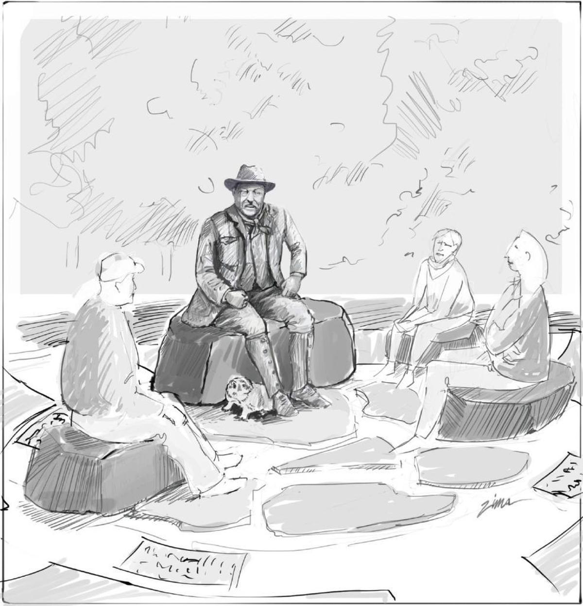 ARTS Obispo, the San Luis Obispo County Arts Council, is proposing a public art project that would commemorate President Theodore Roosevelt’s visit to San Luis Obispo in 1903. Sculptor Paula Zima’s preliminary sketch shows Roosevelt seated on a boulder and dressed in casual clothing.