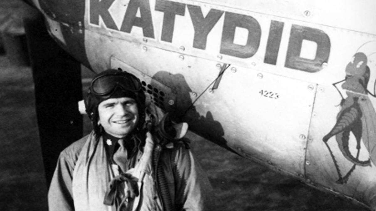 Elwyn Righetti and his P-51 Mustang named “KATYDID” in honor of his wife, Cathryn (Khaki), February 1945.