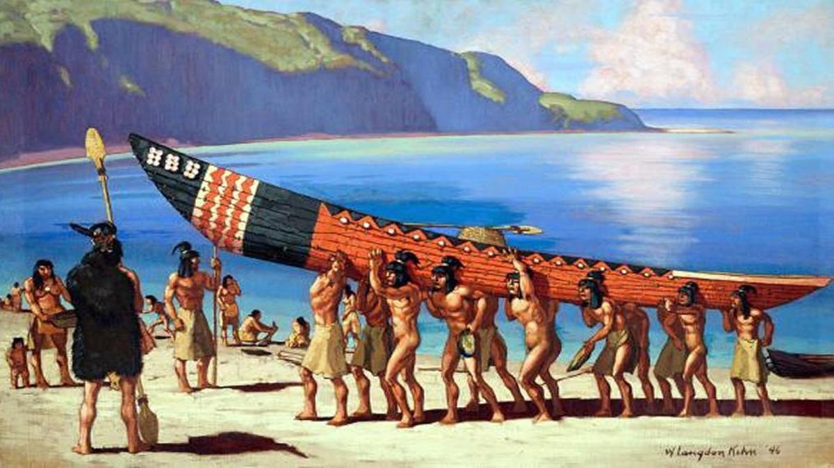 Artistic rendition of Chumash people carrying a canoe (tomol) greeting Juan Rodriguez Cabrillo in 1542.