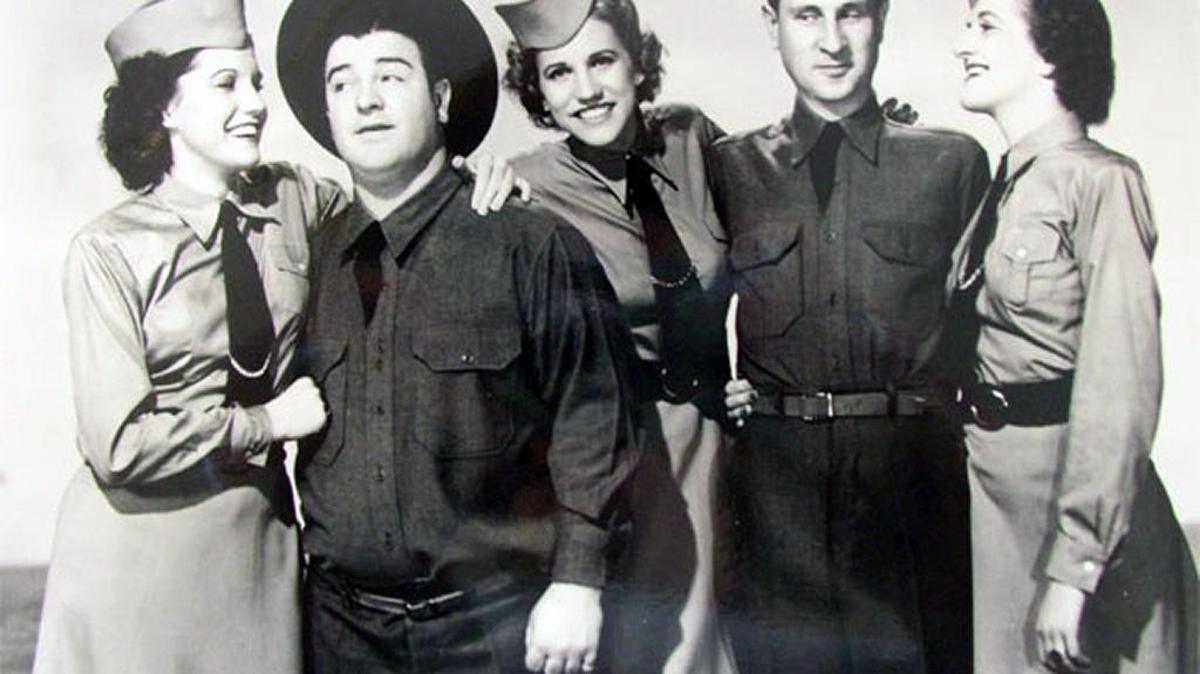 Abbot and Costello and the Andrews Sisters in the 1941 movie “Buck Privates.”