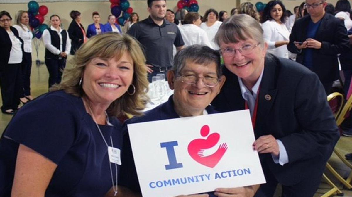 Marci Sperlo, CAPSLO’s executive office manager, Santos Arrona and CAPSLO executive director Biz Steinberg in 2015.