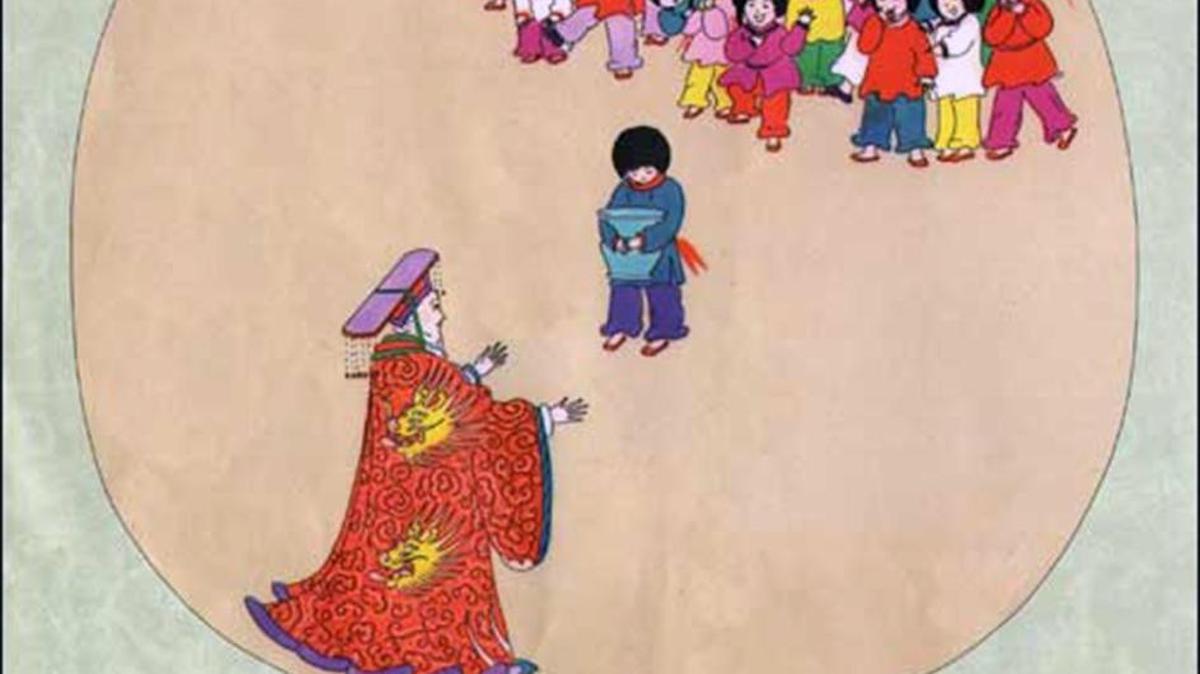 Ping shows his empty pot to the Emperor from Demi’s “The Empty Pot.”