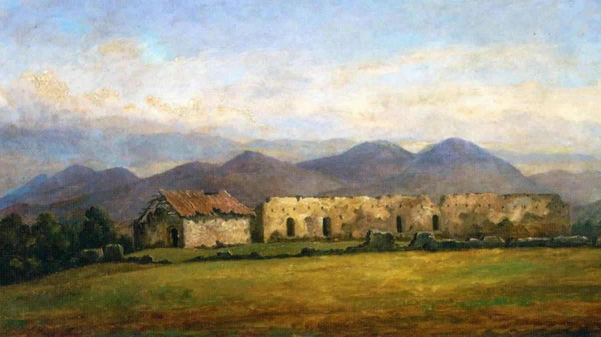 Henry Chapman Ford’s 1881 painting of the ruins of the chapel, priest’s residence and warehouse at the Asistencía de Santa Margarita de Cortona. The ruins still stand protected by a barnlike structure on the Santa Margarita Rancho.