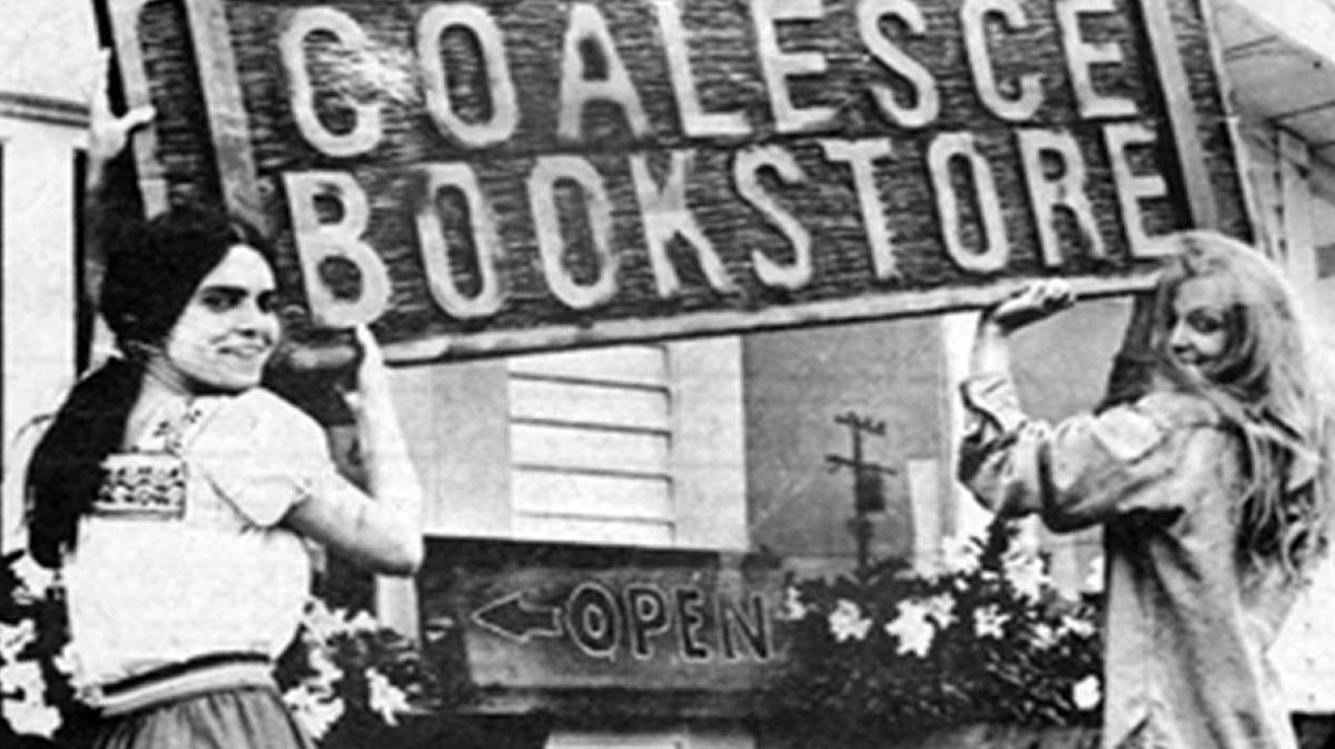 Janet Brown, left, and Linna Thomas, newly arrived from Oregon, open Coalesce Bookstore in Morro Bay in July 1973.