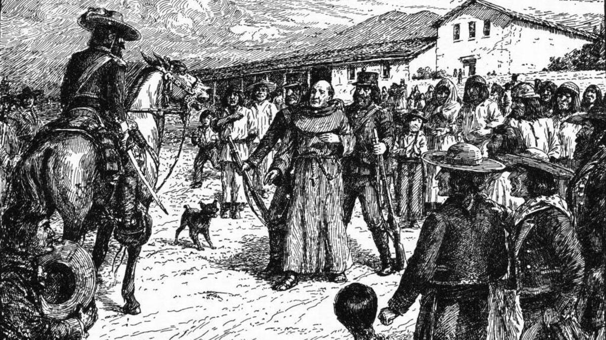 Lt. Romualdo Pacheco arrests Father Luis Antonio Martinez in front of Mission San Luis Obispo on Feb. 3, 1830, depicted in a drawing by Alexander Harmer and A.B. Dodge in 1911.