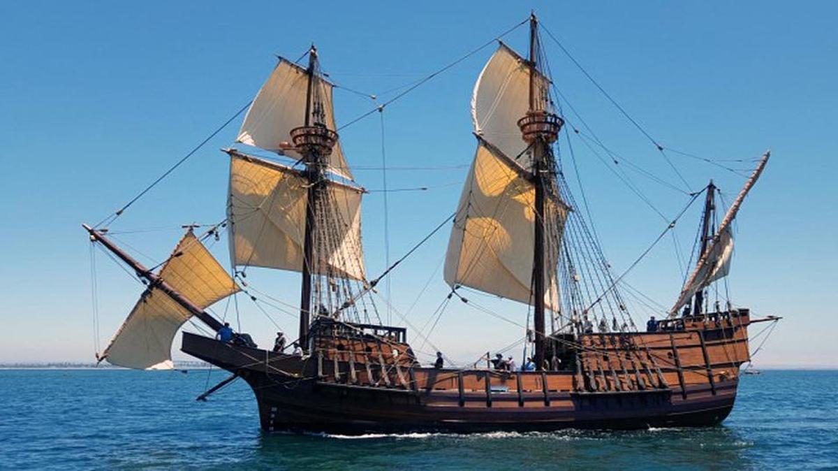 The replica of the San Salvador at sea.