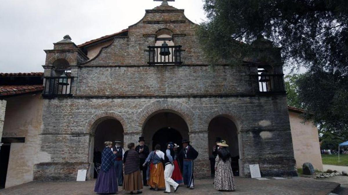 The Alta Californio Dance Company performs at the entrance of Mission San Antonio de Padua for Mission Days in 2014.