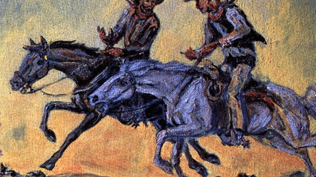 The image drawn by Ione MacLean Bowman for the cover of “The Ghosts of Frank and Jesse James and Other Stories” by Angus MacLean. The image depicts the James brothers riding over the James Ranch Adobe.