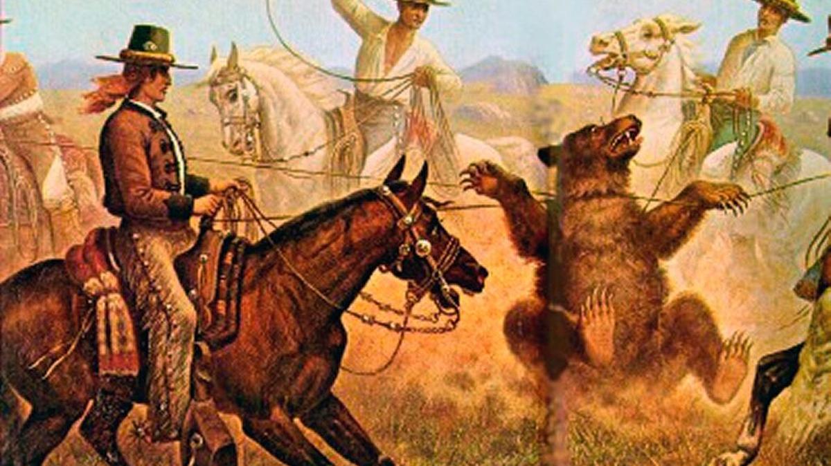 “Roping the Bear at Santa Margarita Rancho” by James Walker.