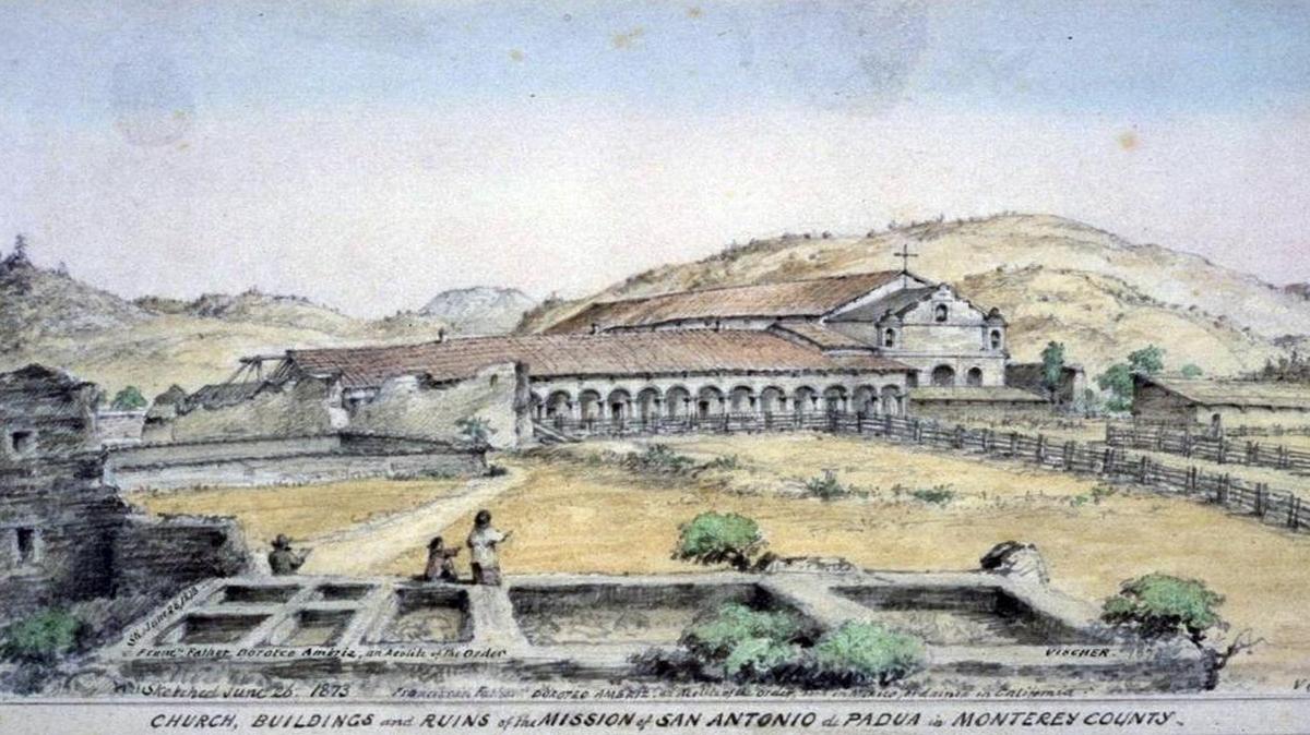 Mission San Antonio de Padua as drawn by Edward Vischer, June 26, 1873. In the foreground, Salinan women are washing clothes in the lavanderia, or washing pools, to the right of the 1790s grist mill.