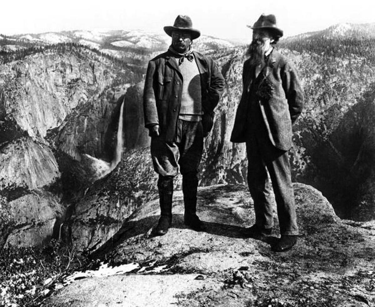 Teddy Roosevelt with John Muir overlooking Yosemite Valley at Glacier Point in 1903.