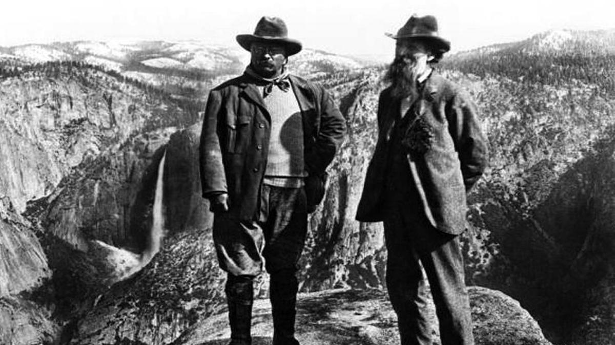 Teddy Roosevelt with John Muir overlooking Yosemite Valley at Glacier Point in 1903.