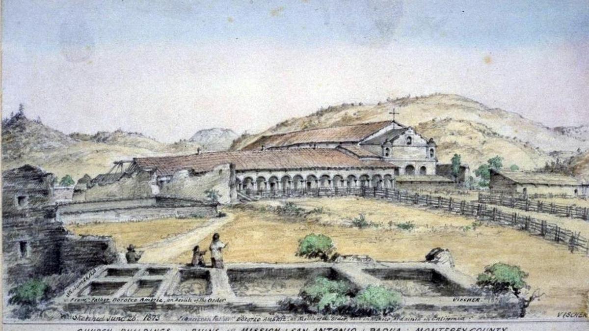Mission San Antonio de Padua is the most remote of the California missions. Here it is pictured as drawn by Edward Vischer, June 26, 1873.