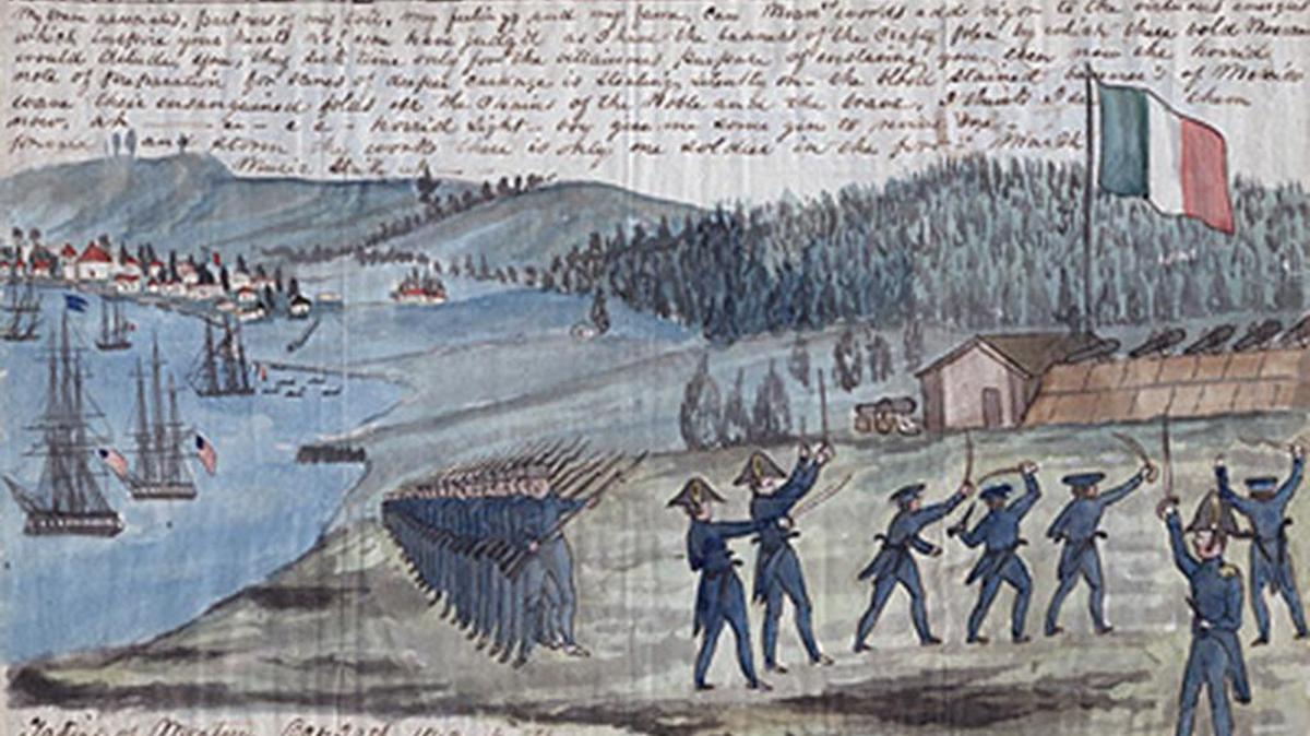 USS Cyane crew member and amateur artist William H. Meyers drew and watercolored “The Taking of Monterey, 1842.”