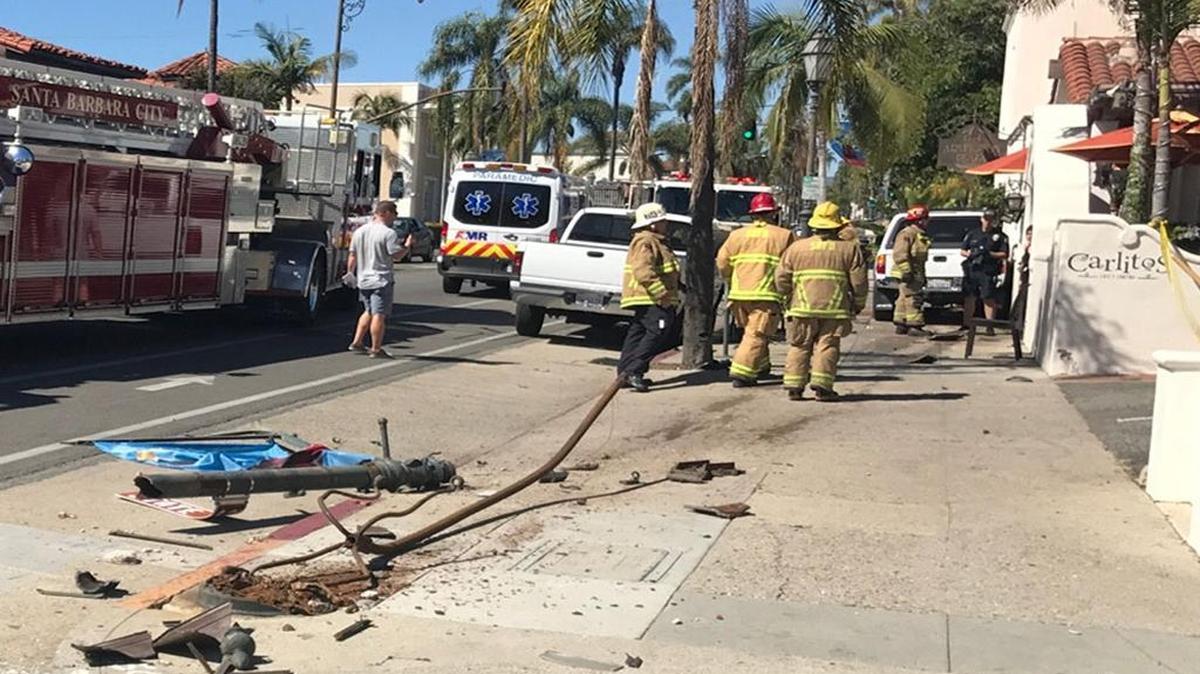 Five people were injured when a pickup drove up onto the sidewalk and struck a building on State Street in downtown Santa Barbara on Saturday, October 7, 2017.