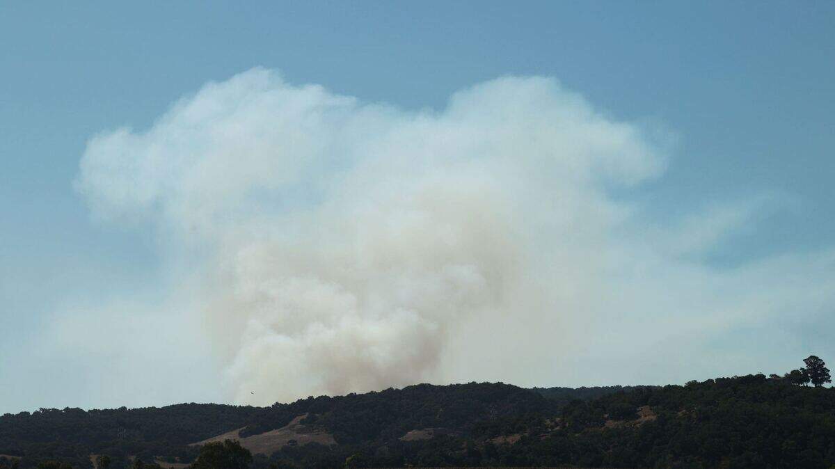 A column of smoke rises over the hills near San Luis Obispo in a view from Buckley Road as Cal Fire conducts a controlled burn east of Pismo Beach on Tuesday, Oct. 3, 2023.