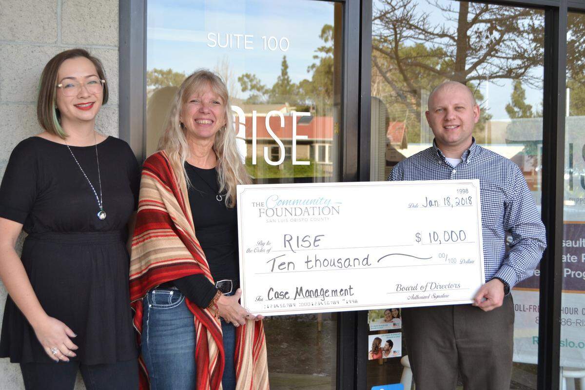 From left are Mariko Kriege, RISE development & marketing manager; Jennifer Adams, RISE executive director; and Len Smolburd, Community Foundation grants manager.