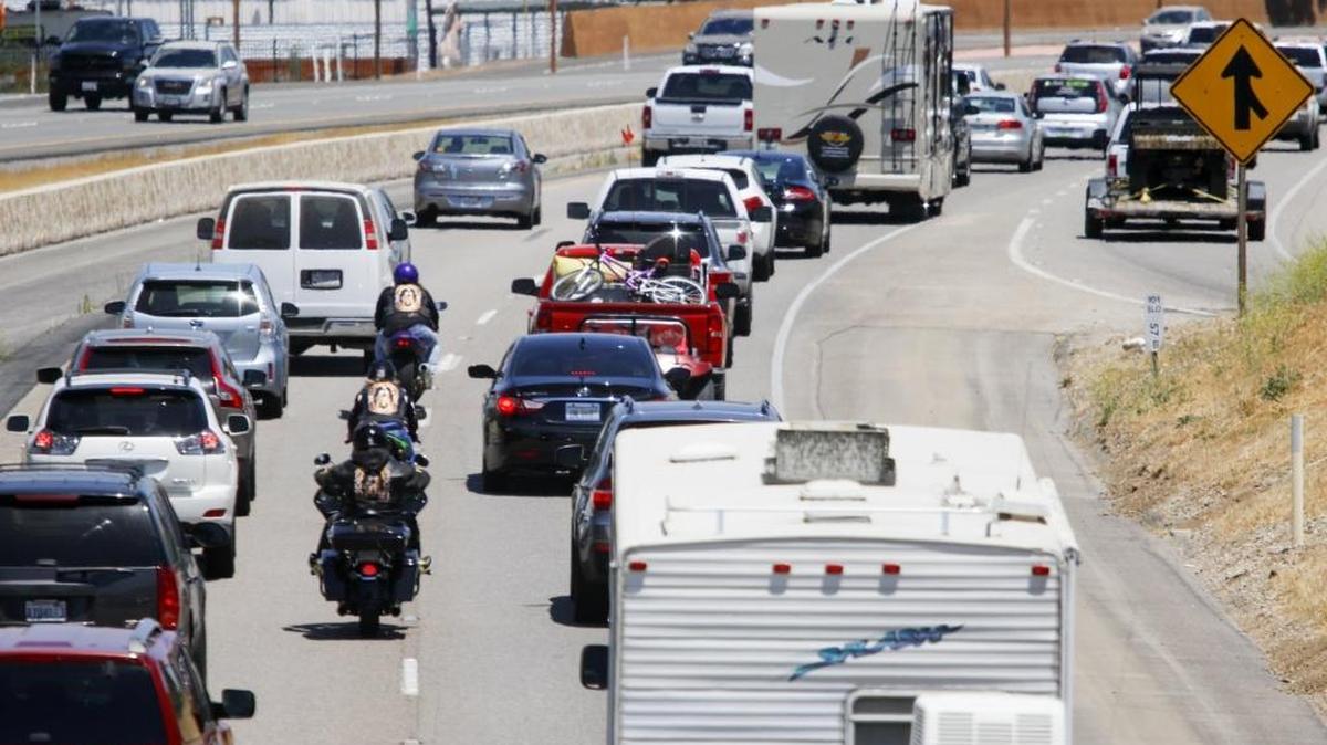 Memorial Day traffic backs up on northbound Highway 101 heading toward the Highway 46 East exit on Monday afternoon. This photo was taken at Niblick Road in Paso Robles.