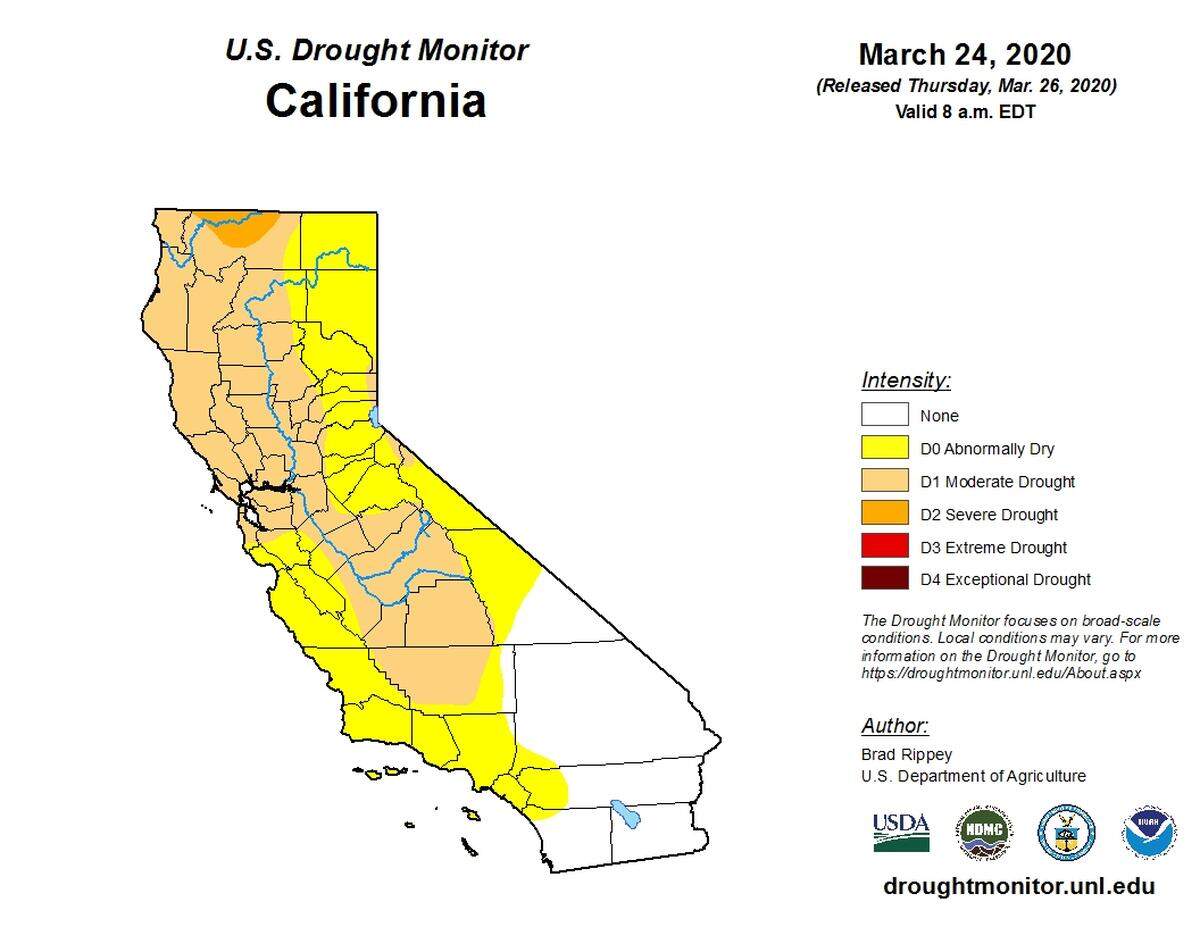 San Luis Obispo County and other areas of California that had slipped into drought due to a nearly rainless February are now only moderately dry after a storm-filled March, according to the U.S. Drought Monitor.