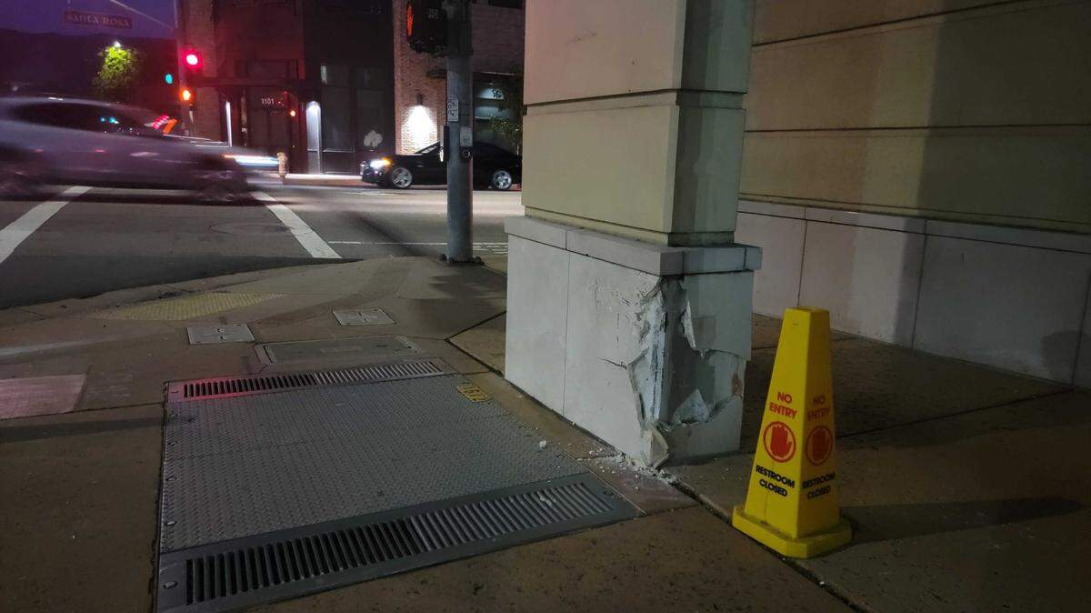 A vehicle collided with a pillar connected to the San Luis Obispo County Elections Office on election night Nov. 8, 2022.