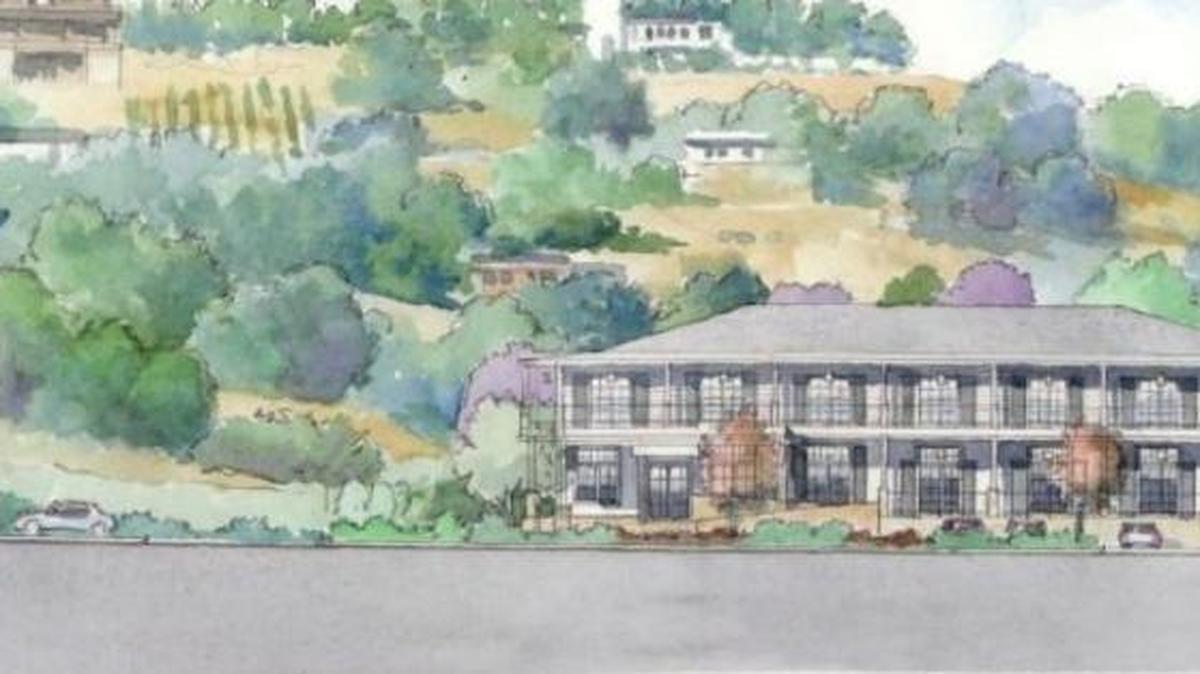 An early rendering of the proposed hotel, although developer Nick Tompkins said the rendering does not accurately portray the position of the project to the neighboring building. The Arroyo Grande Planning Commission rejected the design as too “coastal.”