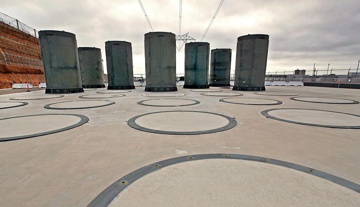 The dry casks that hold Diablo Canyon nuclear power plant’s spent fuel are located on a pad on the plant’s property, as seen in a 2008 photo.