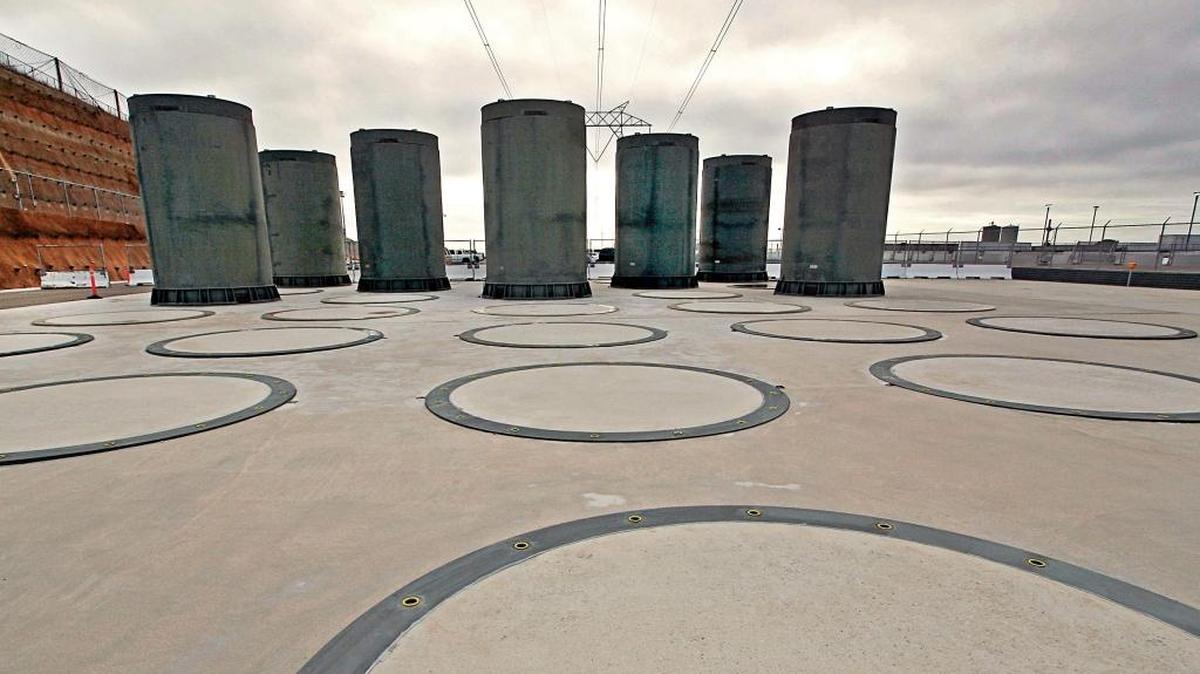 The dry casks that hold Diablo Canyon nuclear power plant’s spent fuel are located on a pad on the plant’s property, as seen in a 2008 photo.