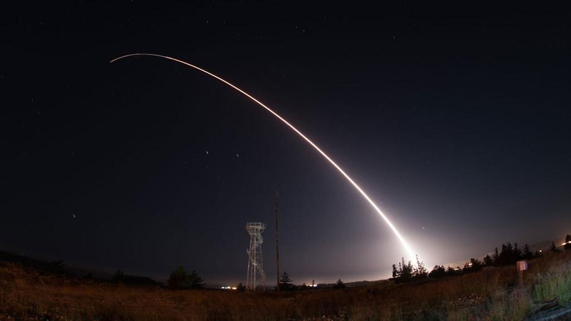 A Minuteman III missile heads skyward from Vandenberg Air Force Base in northern Santa Barbara County during a test launch of the weapon system early Wednesday, April 26, 2017.