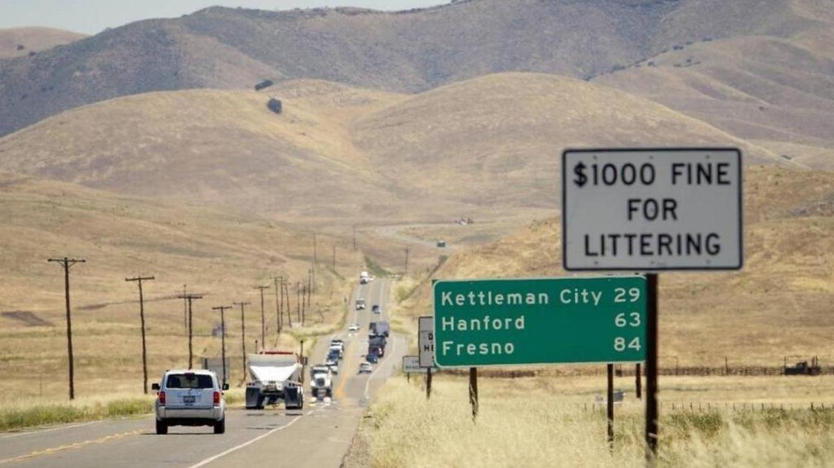 Traffic travels on a two-lane stretch of Highway 46 approaching the Cholame “Y” and the intersection with Highway 41 toward Fresno.