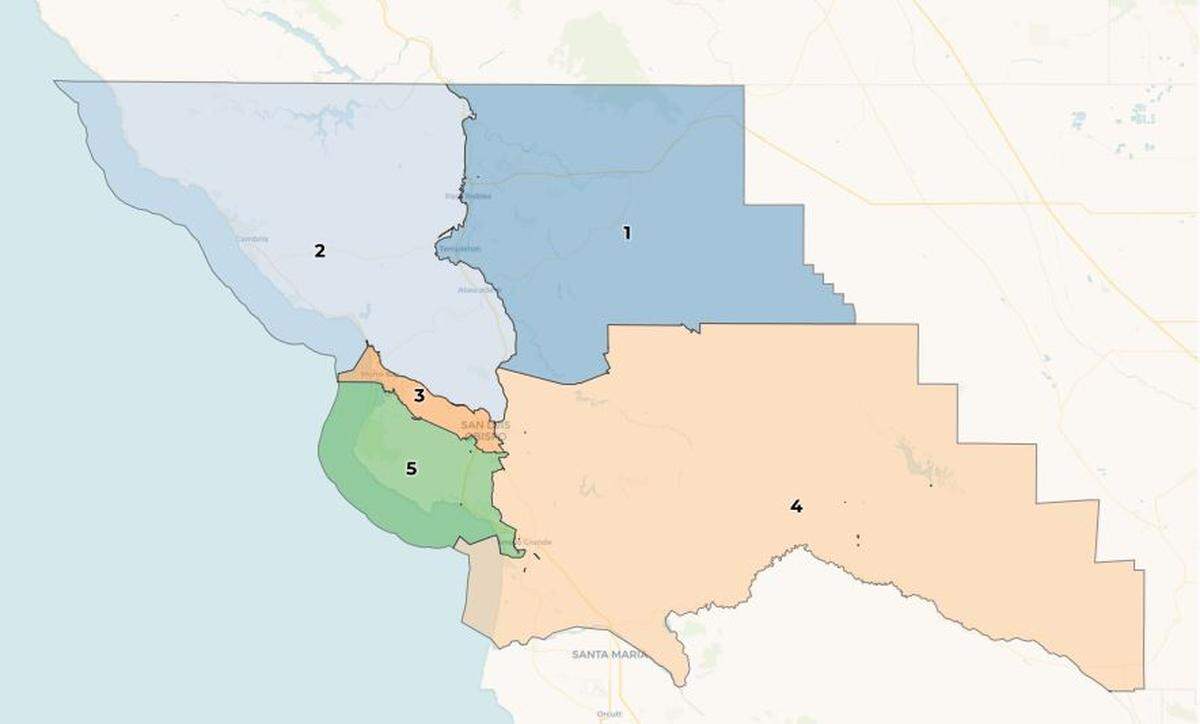 A map drawn by Arroyo Grande resident Richard Patten would change San Luis Obispo County’s supervisorial districts significantly. His plan would move Morro Bay and most of the city of San Luis Obispo in their own district and would situate some North County communities with those on the North Coast. District 5 would also shift to the coast and would include Avila Beach and southern San Luis Obispo neighborhoods. 