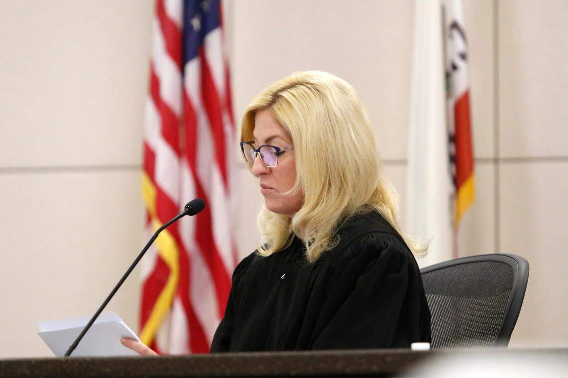 Judge Jennifer O’Keefe listens during closing arguments in the Kristin Smart murder trial on Monday, Oct. 3, 2022.