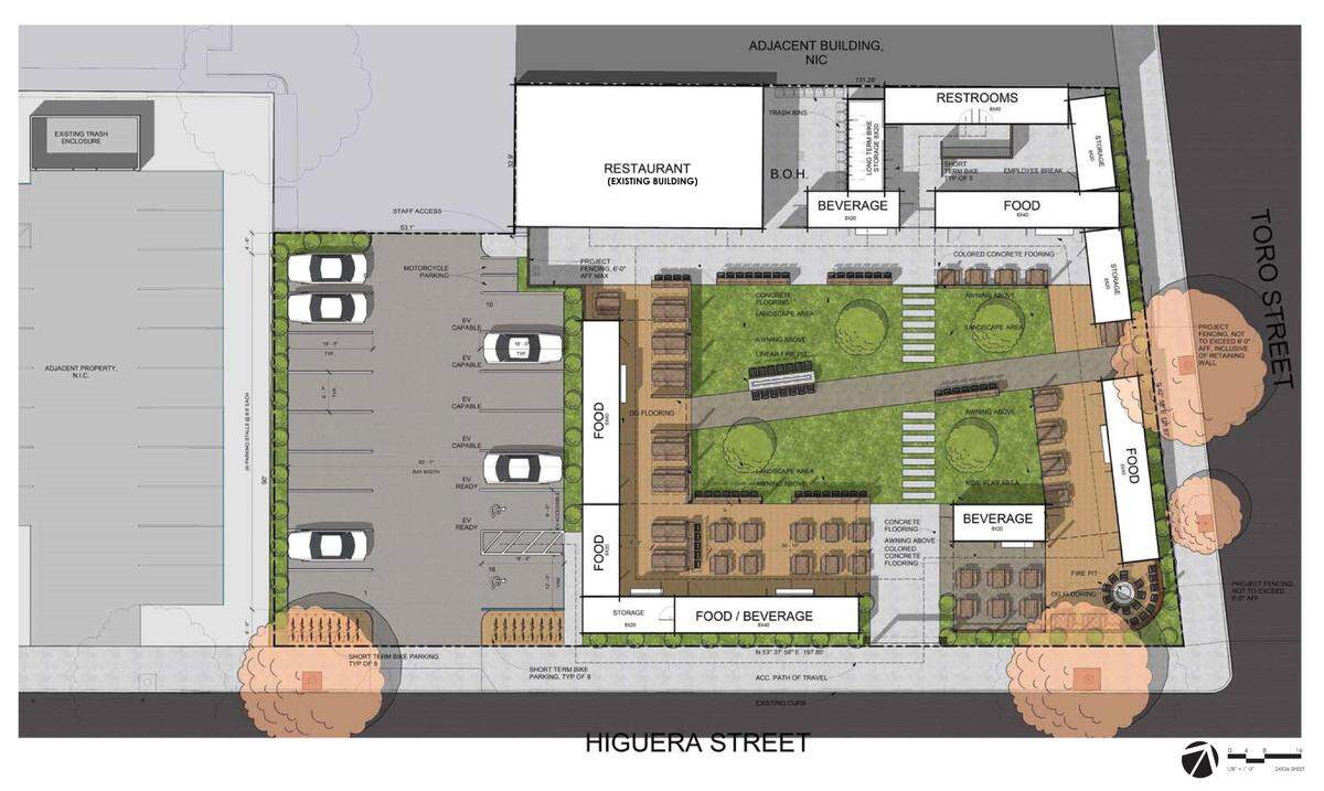 Food vendors would operate out of repurposed shipping containers at a new outdoor dining hub proposed for downtown San Luis Obispo.