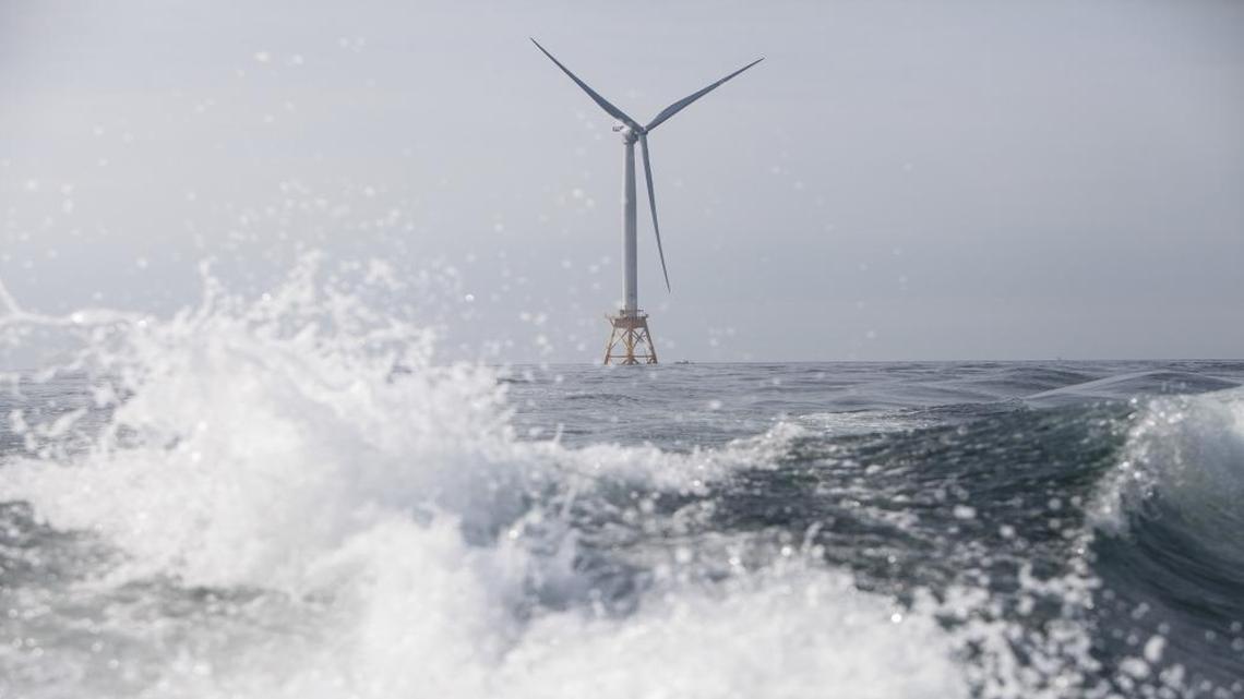 One of five turbines that make up the Block Island Wind Farm, the first offshore wind farm in the United States, off the Rhode Island coast.