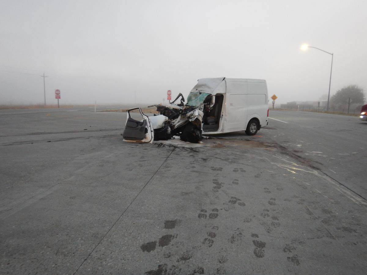 George Pitman of Bolinas sustained major injuries when his 2018 Nissan 2500NV Transit van collided with a truck pulling out of the Shandon rest area early Friday morning, Dec. 1, 2023, the CHP said. The truck then fled westbound on Highway 46.          