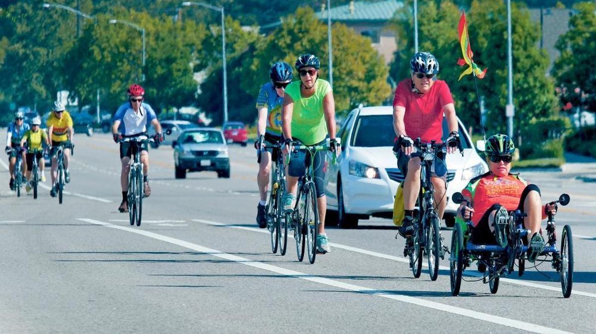 Members of the Tortoise group of the SLO Bicycle Club take a ride along Broad Street. 