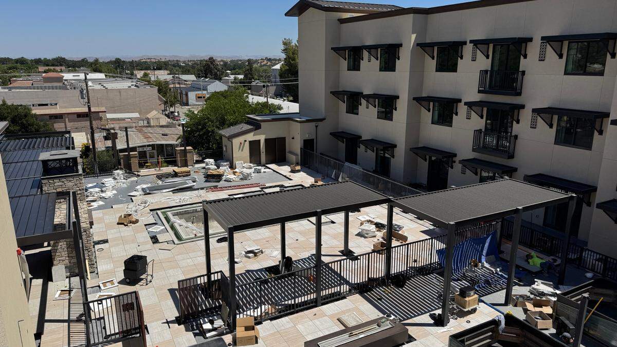 The Ava Hotel in downtown Paso Robles is in the finishing months of construction, seen here on June 18, 2025. The scond-floor rooftop features a pool, courtyard and an open-air bar and restaurant.