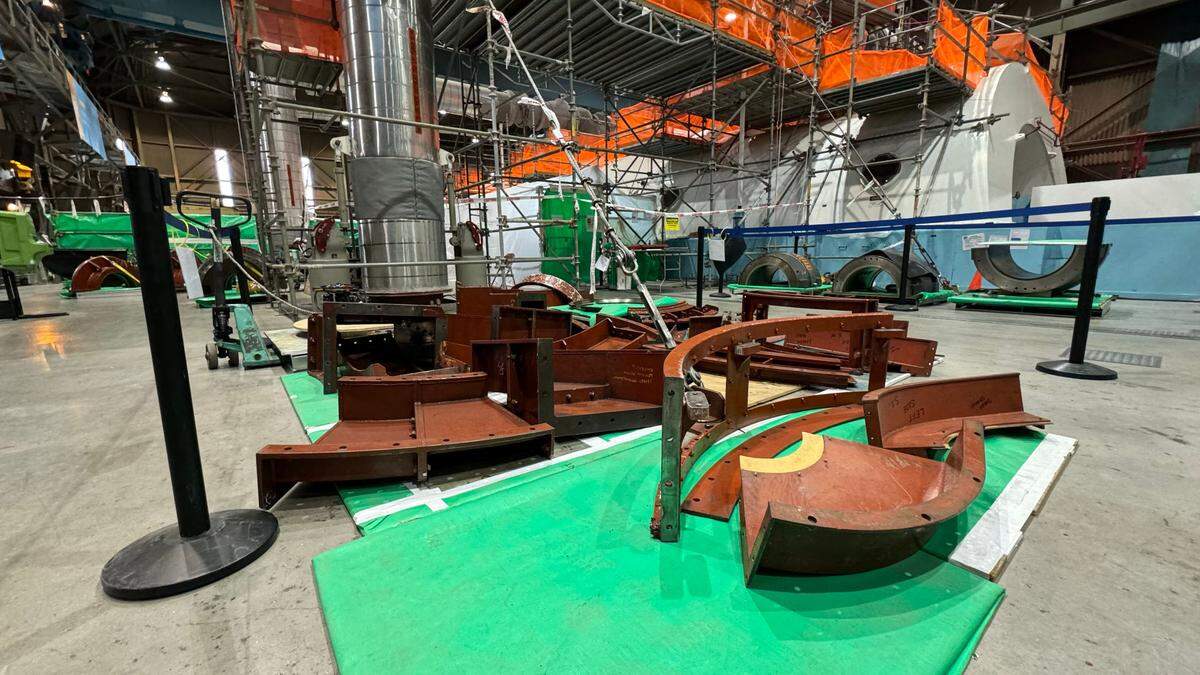 Parts and equipment fill the floor of the Diablo Canyon nuclear power plant turbine building during Unit 2’s refueling outage in April 2024.