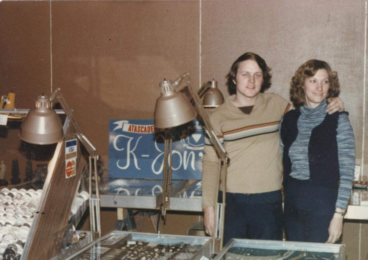 Stan and Mary Sherwin selling K. Jons pieces at a gem show in the 1970s, before the couple opened their brick-and-mortar store in Atascadero. The Sherwins are retiring and their shop is going out of business in early 2020.