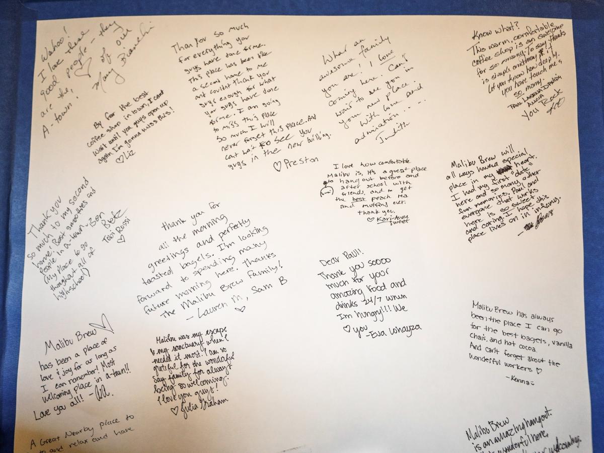 Customers wrote messages of support for Paul and Lakhena Say, who own Malibu Brew Coffee, a small coffee shop in Atascadero that is moving down the street in a few months because of the incoming La Plaza development.