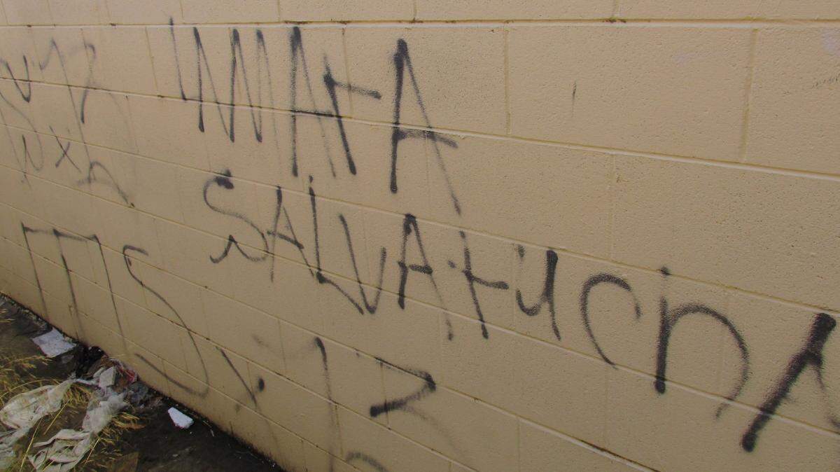 Graffiti touting the MS-13 gang adorns a wall. Members of the MS-13 gang were tried and convicted of committing multiple killings in the Santa Maria Valley.