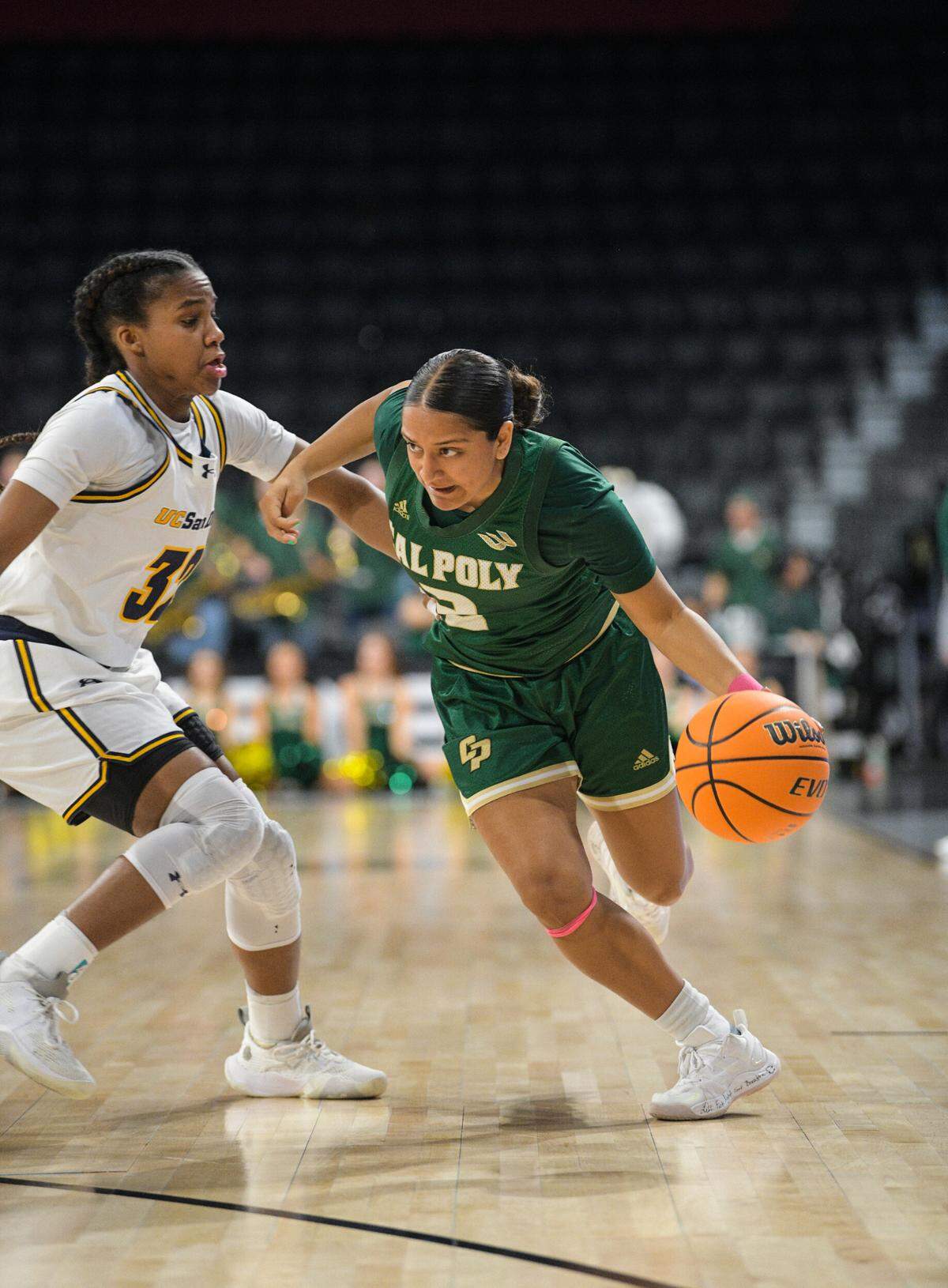 Annika Shah drives with the ball in Cal Poly’s 59-54 loss to UC San Diego in the Big West basketball championships at Lee’s Family Forum in Henderson, Nevada, on March 13, 2025.