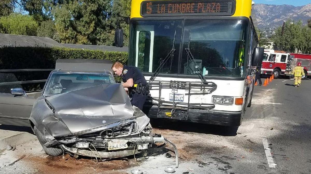 The driver of a Mercedes-Benz died of her injuries Wednesday after colliding with a MTD bus on Cliff Drive. The white powder was sprinkled to contain fuel and other fluid leaks from the crashed vehicle.