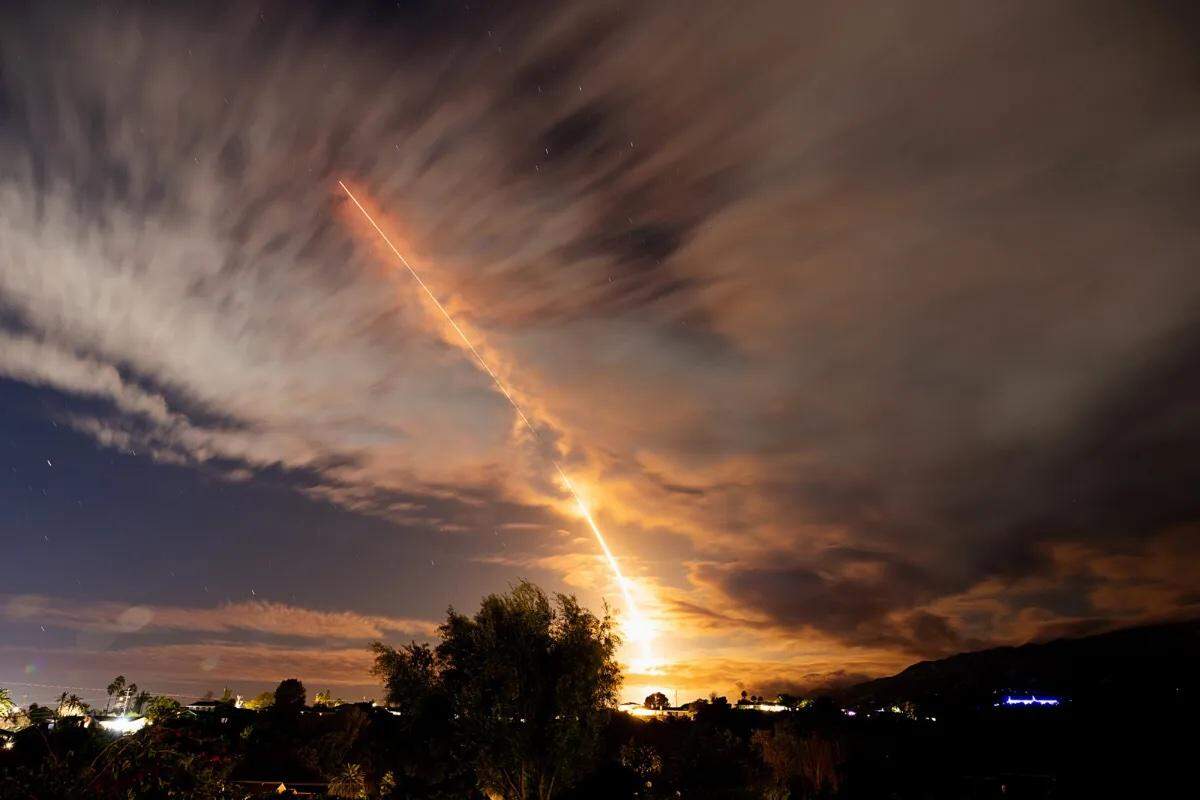 A SpaceX Falcon 9 rocket launches Jan. 2, 2024, from Vandenberg Space Force Base, as seen from Rancho del Ciervo in the Goleta foothills. The mission includes six Starlink satellites sent into orbit to test the direct-to-cell capability of the system.