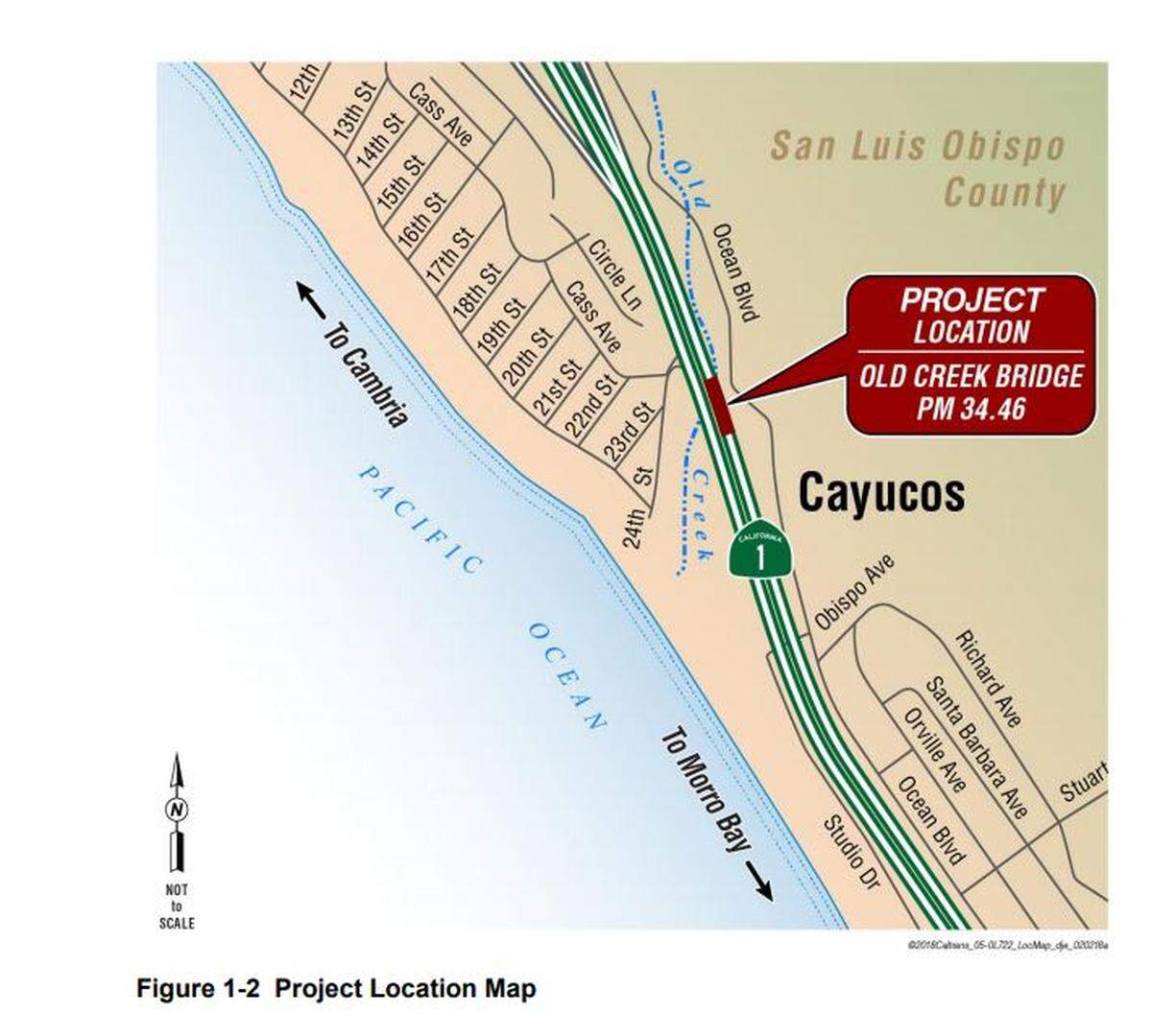 OId Creek Bridge on Highway 1 near Cayucos will be replaced under a $12 million Caltrans project. This map shows where it’s located.