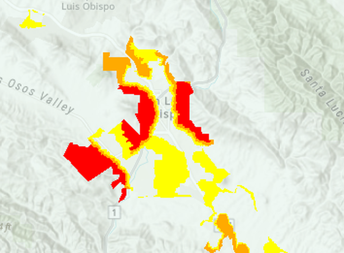Cal Fire’s 2025 fire hazard severity zone map for San Luis Obispo shows 2,210 acres in the moderate zone (yellow), 905 acres in the high zone (orange) and 2,527 acres in the very high zone (red).