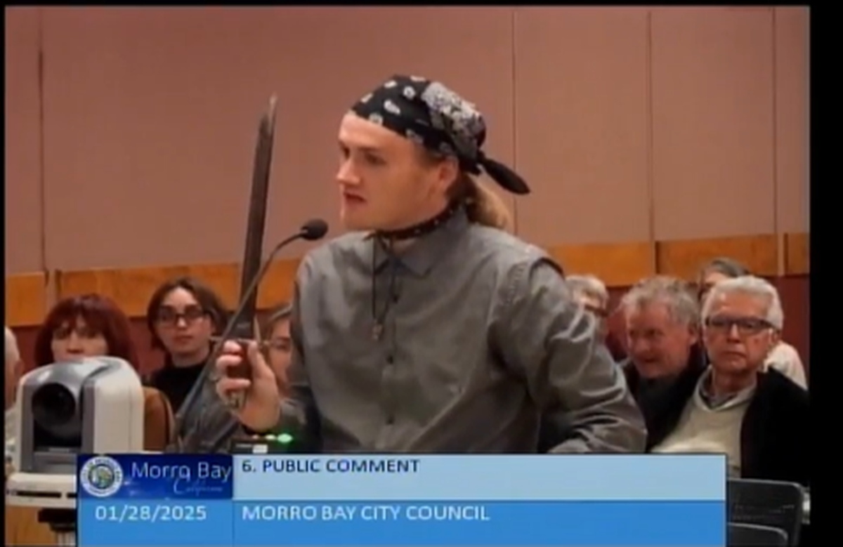 Kiernan Cottle, 28, drew a bayonet during public comment at the Morro Bay City Council meeting on Jan. 28, 2025. He was arrested by Morro Bay police the next day.