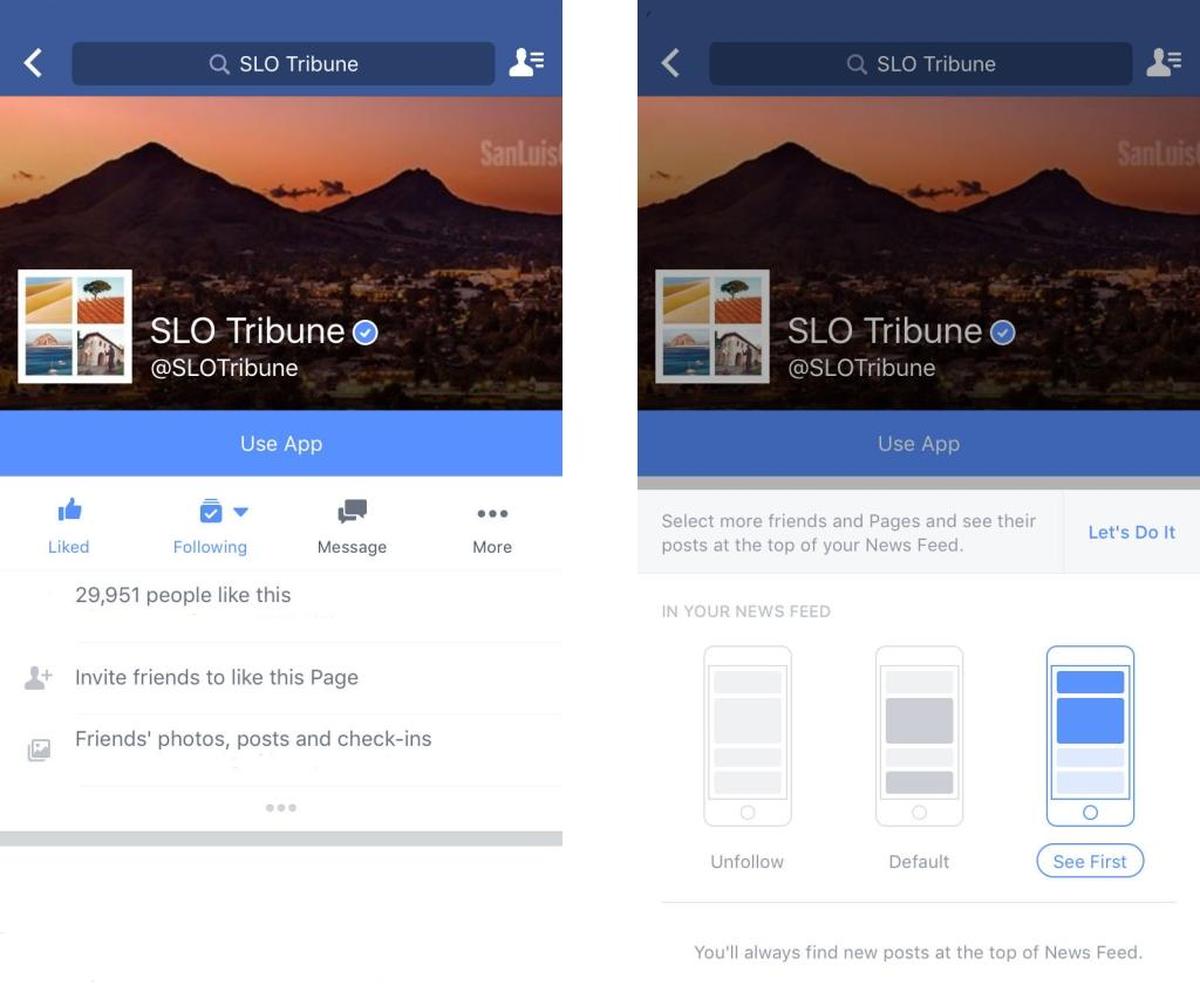 Left: Page is “Liked”; click “Following.” Right: Click “See First.”
